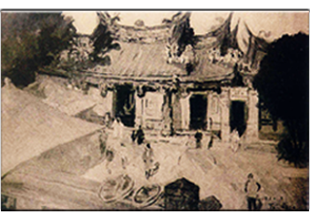 新竹著名畫家李澤藩在1929年所繪初秋城隍廟外觀，當時剛大改築之後不久
